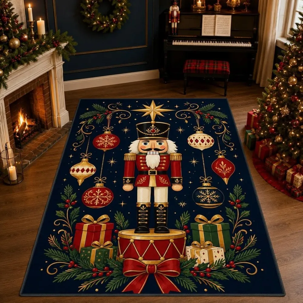 Living Room Rug Christmas Nutcracker Soldier Printed Large Rectangular Carpet Non Slip for Coffee Table Sofa Floor Decor