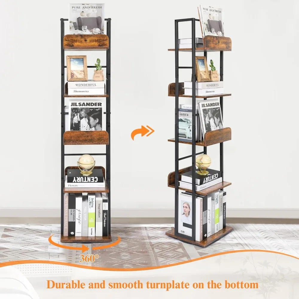 Bookshelves 5-Tier, Rotating Bookshelf Tower for Corner, Small Bookcase, Tall Industrial Bookshelf, Narrow Bookshelf, Wood