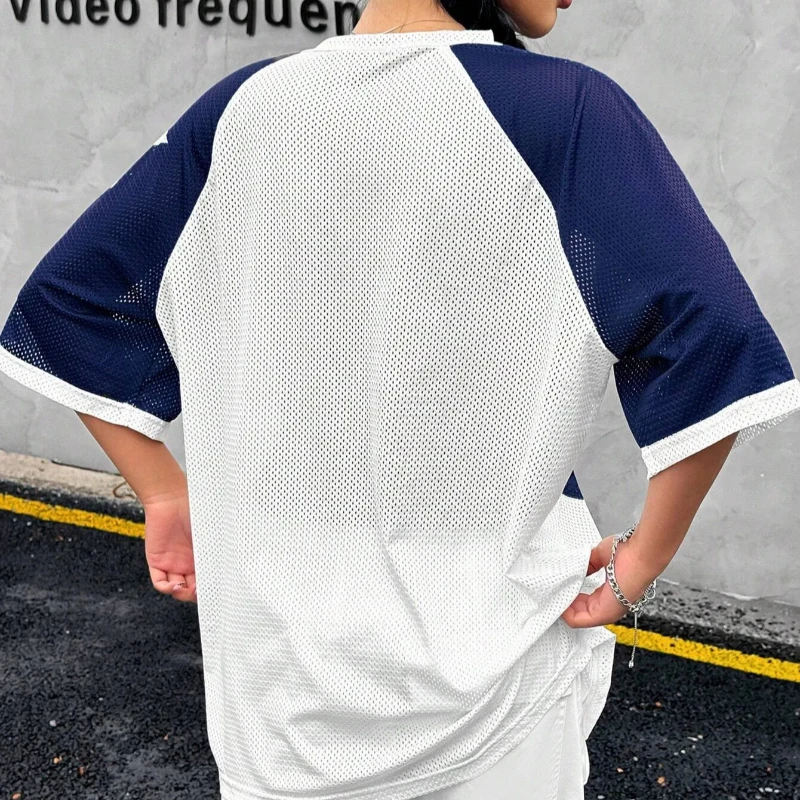 العصرية Rtro الشارع الرقمية المطبوعة شبكة جوفاء الفانيلة قصيرة الأكمام الخامس الرقبة تي شيرت راجلان المرأة فضفاضة الرياضة الساخن فتاة #5