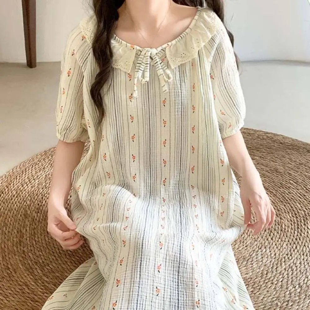 

Doll Collar Lace Up Women's Pajama Dress Loose Homewear Short Sleeve Nightdress Stripe Sleepwear Sweet Nightgowns Female