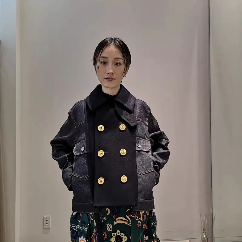 SAC splicing contrasting color loose casual woolen denim jacket