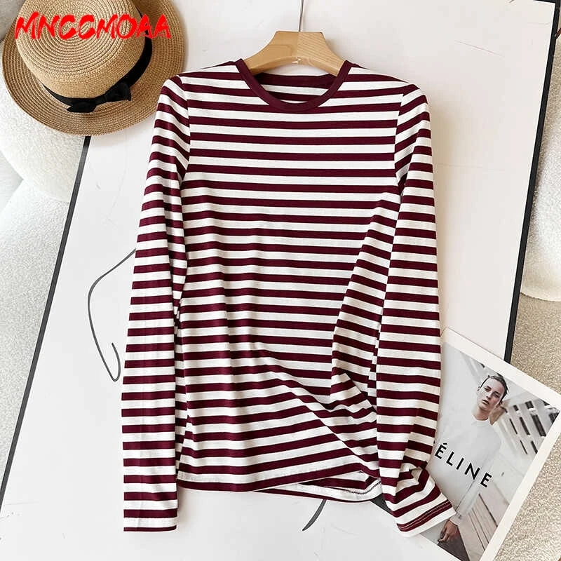 Women T-Shirt 2024 New Autumn Female Casual Slim Long Sleeves Stripes Cotton Tees Tops