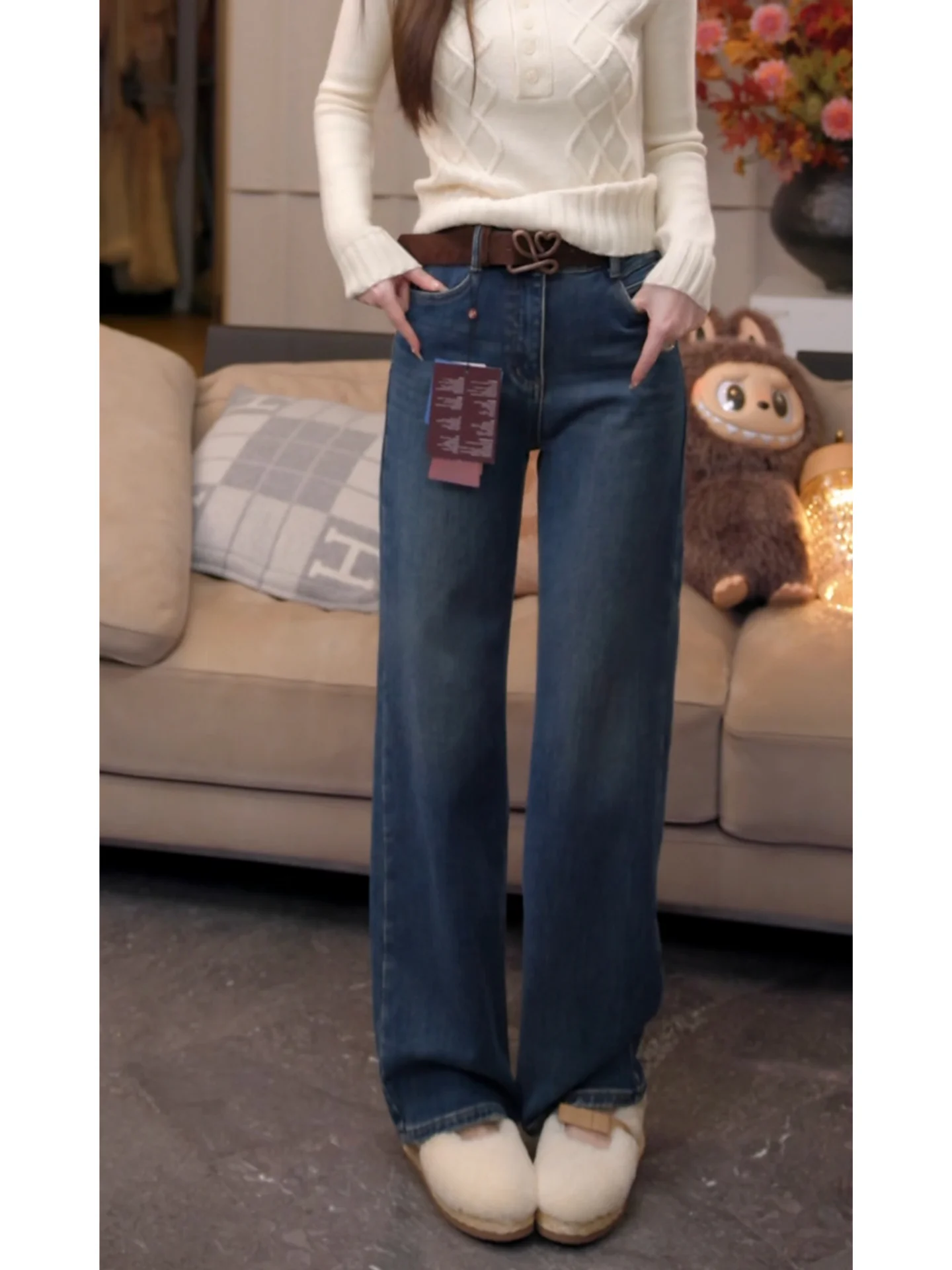 

Утепленные джинсы с вышивкой на флисовой подкладке, повседневные, с высокой талией, прямые, из хлопкового денима, для женщин, зимние, новинка