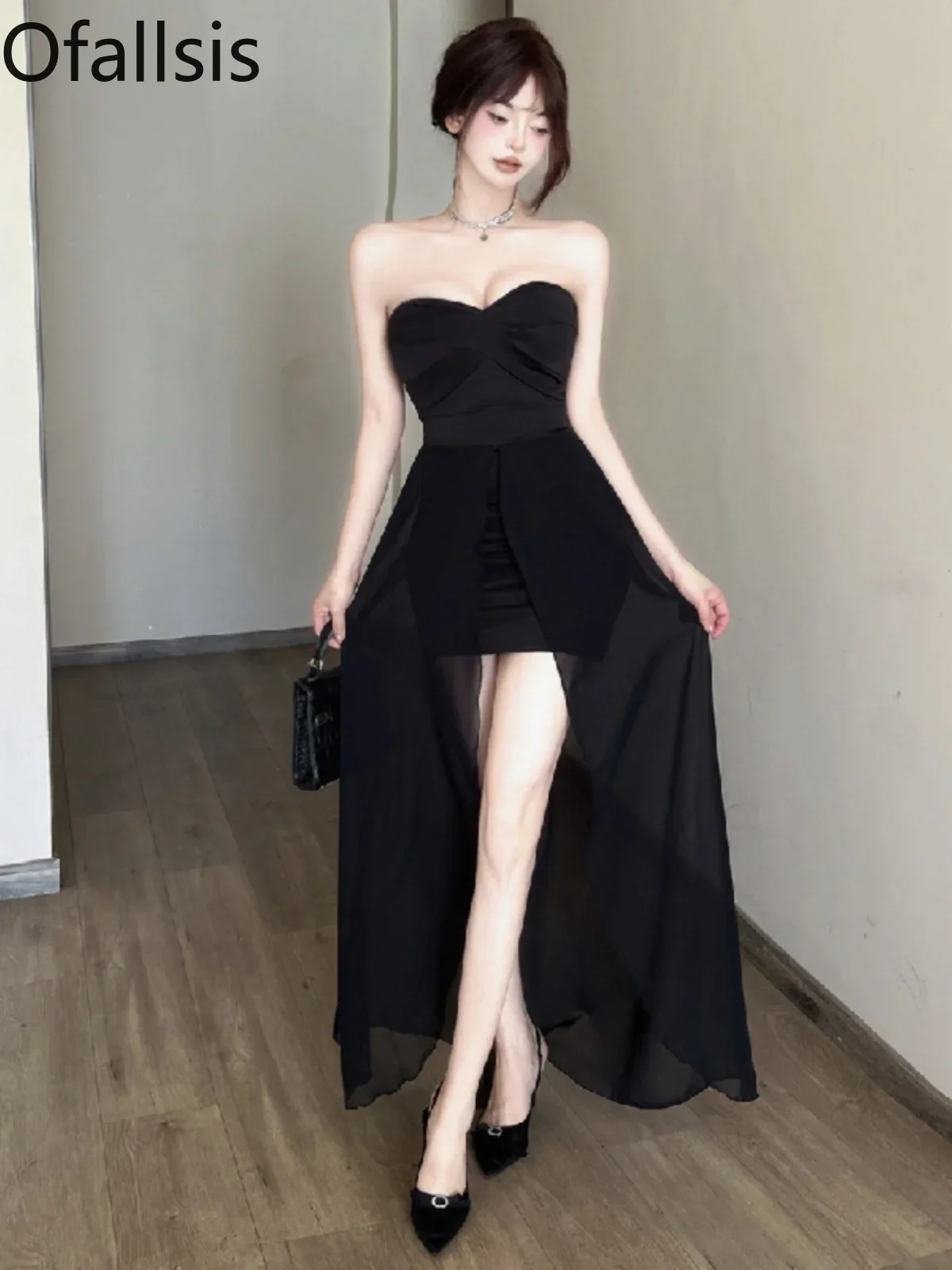 Ofallsis Black Spicy Girl Sexy Style Collarbone Strapless Dress 2024 Summer New Split Birthday Party Mesh Stitching Long Dresses