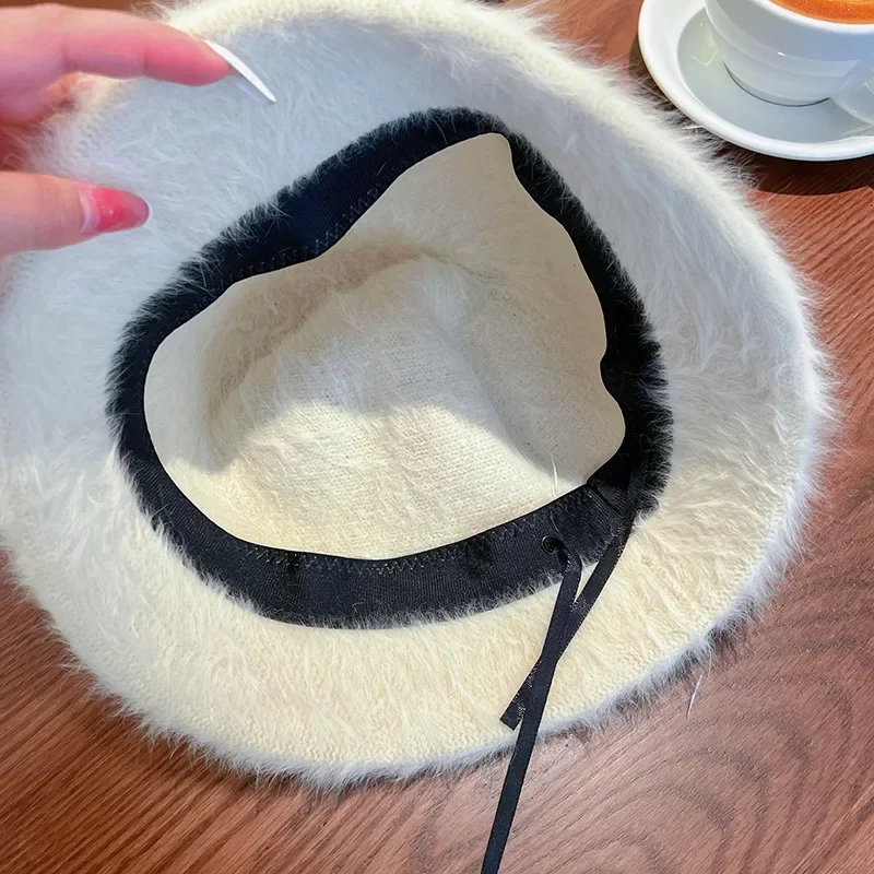 Korean Rabbit Fur Knitted Bucket Plush Hat Women Outdoor Soft Autumn Winter Winter Bucket Hat Hairy Hats Plush Fisherman Caps