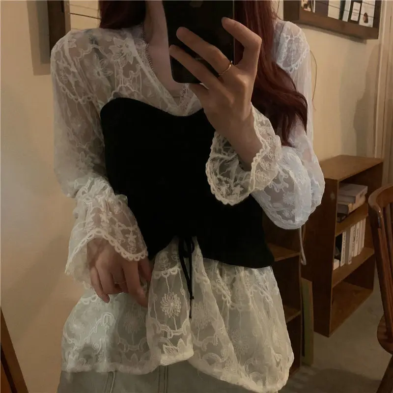 Blouse Women Lace Sexy Streetwear Slim Fit Patchwork Fack Two Pieces V-neck Flare Sleeve Soft Shirring Waist Drawstring Shirts