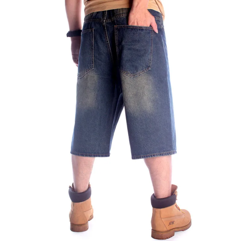 Fashion Hip Hop Jeans Men Loose Baggy Skateboard Denim Short Crop Pants Streetwear Long 3/4 Shorts DARK BLUE Plus Size 46