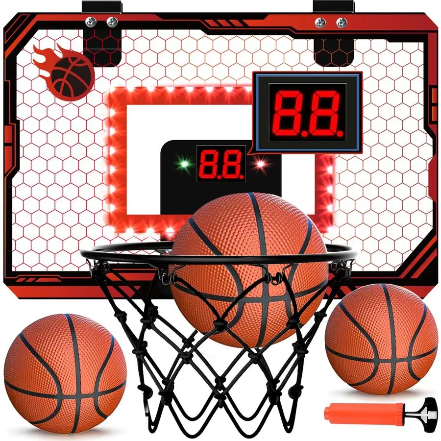Basketball Hoop Indoor, Over The Door Basketball Hoops with Led Lighting, Mini Hoop with Electronic Scoreboard amp 3 Balls, Outd