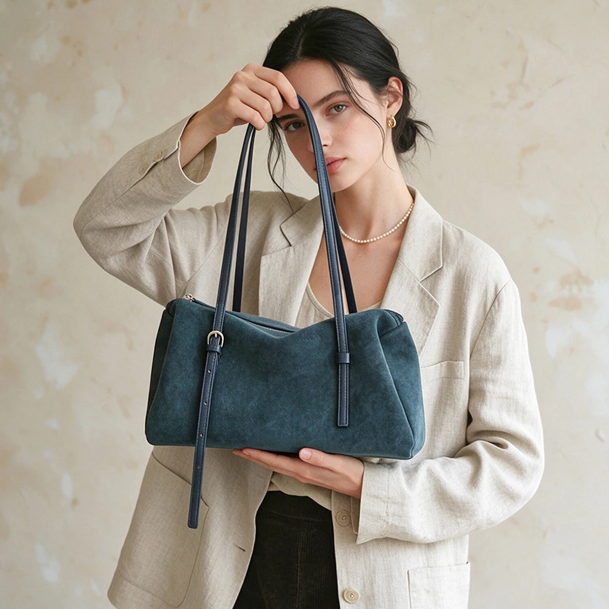 Fashion Retro Suede Women's Shoulder Bag Versatile Large Capacity Commuter Underarm Bag Korean-Style Genuine Leather Boston Bag