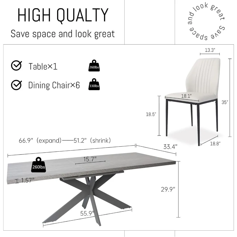 6 People Dining Table,Dining Tables Space-Saving Expandable Dining Table Metal Frame, Table + 6  Chairs,Dining Table Set