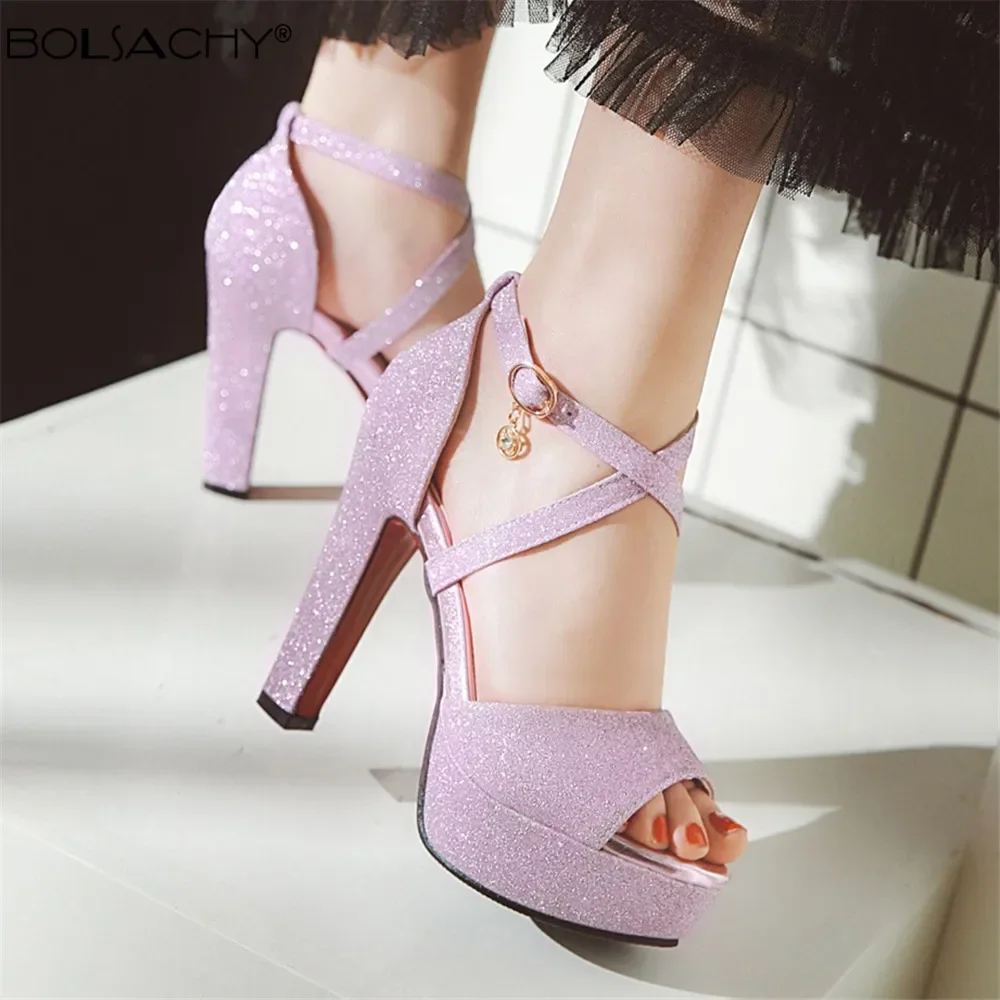 

Sexy Women High Heels Sandals 2025 Summer Platform Sequin Cloth Cross Belt Buckle Wedding Open-toe Shoes Pumps Party Dress