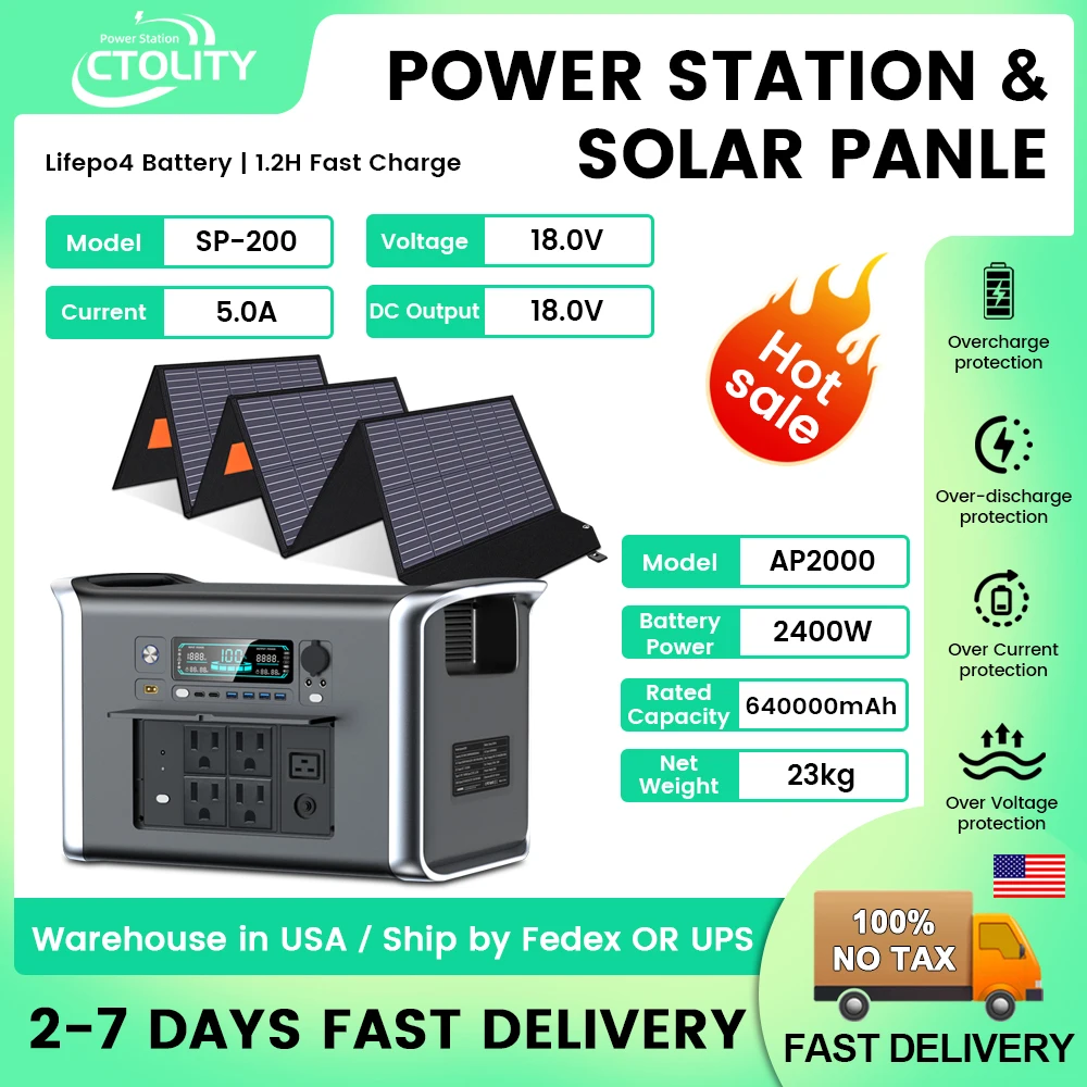 2048WH 2600W Portable Generator Power Station 200W ETFE Solar Panel Lifepo4 Battery Emergency Camping Power Supply 220V AC