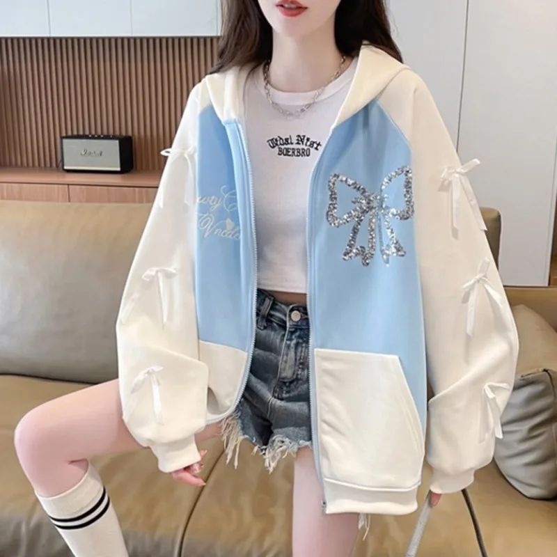 Ribbon Bow Sequin Embroidery Oversized Zip Up Women Hooded Sweatshirts Hoodie Y2K Patchwork Outwear Loose Outfit Kawaii Clothes