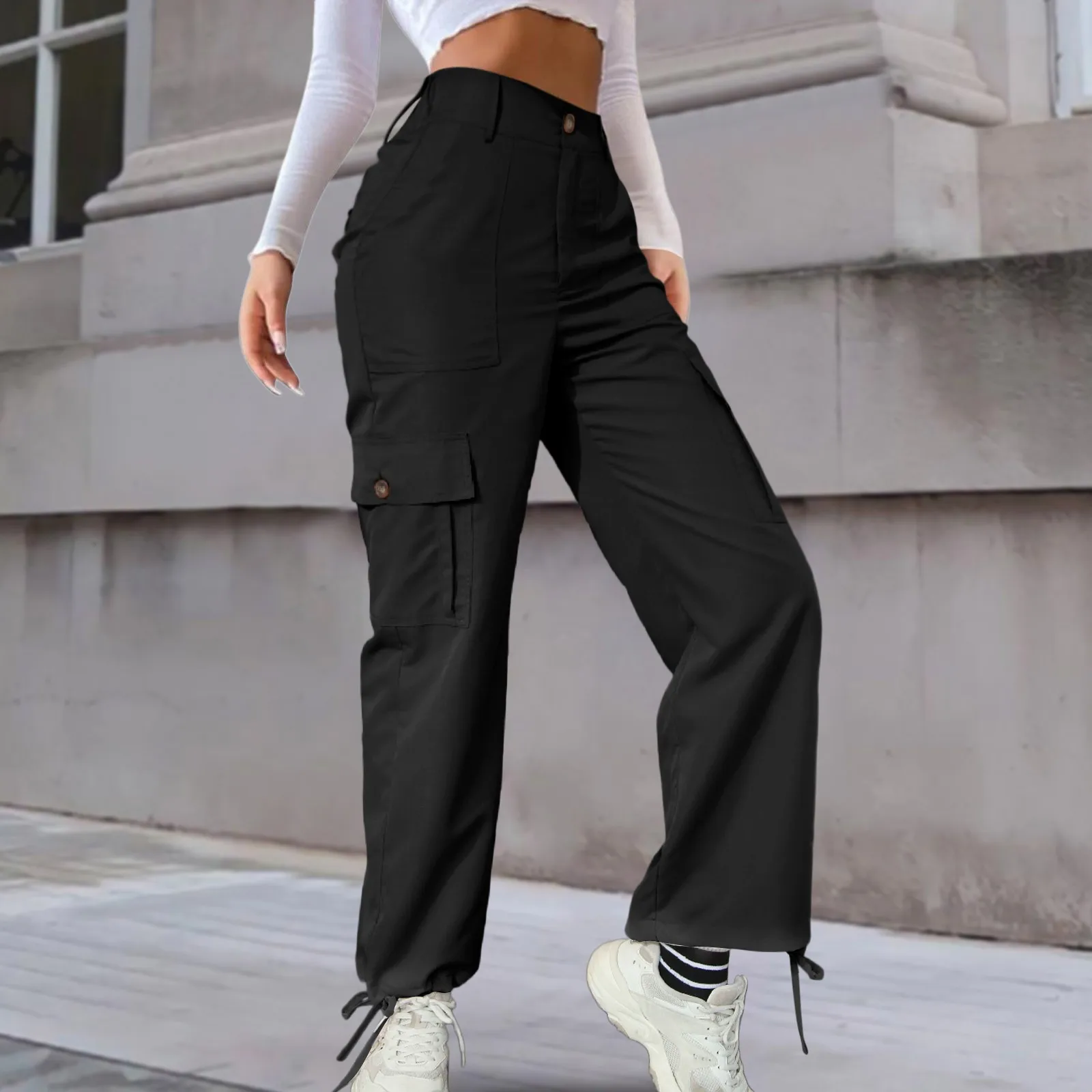 

Solid color Green Cargo Pants Women Clothing Pockets Autumn Long Sweatpants Female High Waist Button Casual Trouser 2024