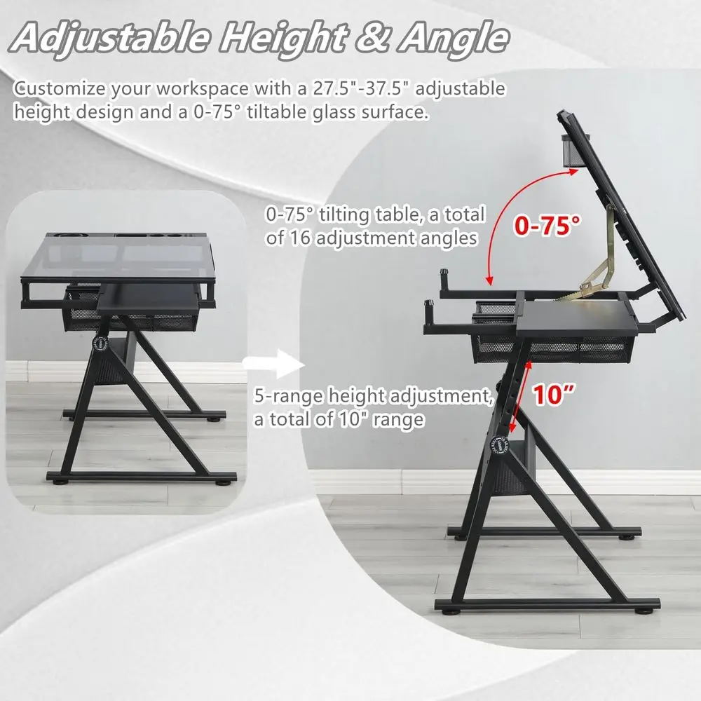 Adjustable Height Glass Art Desk with Stool and Multi-Storage for Sketching and Painting, Ideal for Artists and Hobbyists, Black view 3