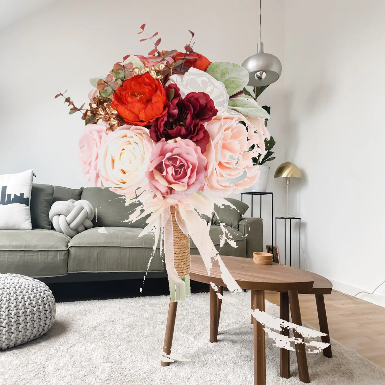 Artificial Rose Flower Bouquet with Ribbon Floral Arrangement for Bridesmaid Wedding Party Centerpieces Decoration