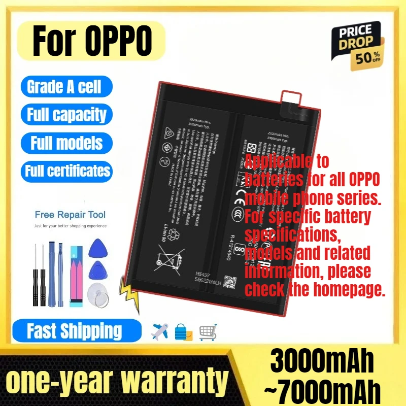 Battery for OPPO 1+1/1+2/1+3/1+5/1+6/1+7/1+8/1+9/1+Nord 2/1+10R/1+Ace/1+11/1+12/1+13/1+X/1+Nord/T/PRO/R Grade A Cell with Tools