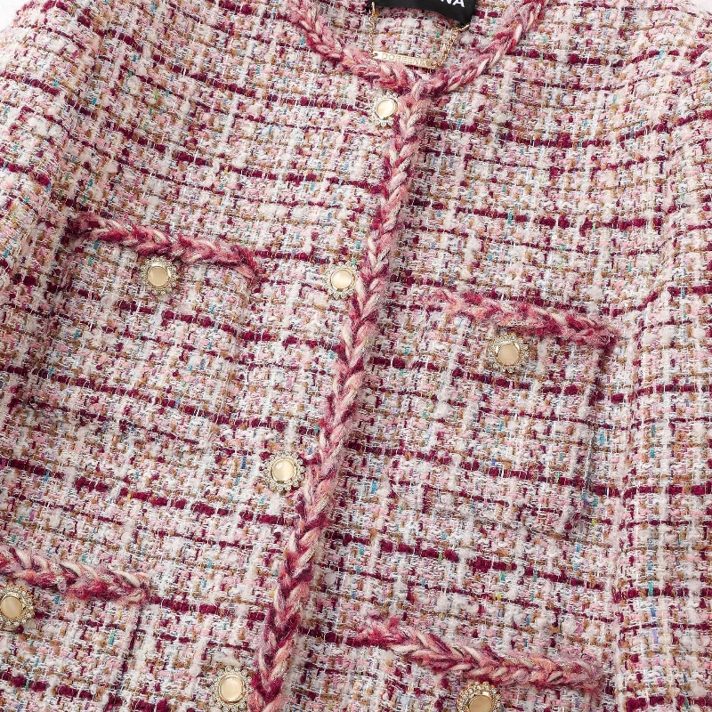 

Розовая клетчатая короткая куртка с круглым вырезом и длинными рукавами для женщин, высококачественная простая офисная женская твидовая французская куртка