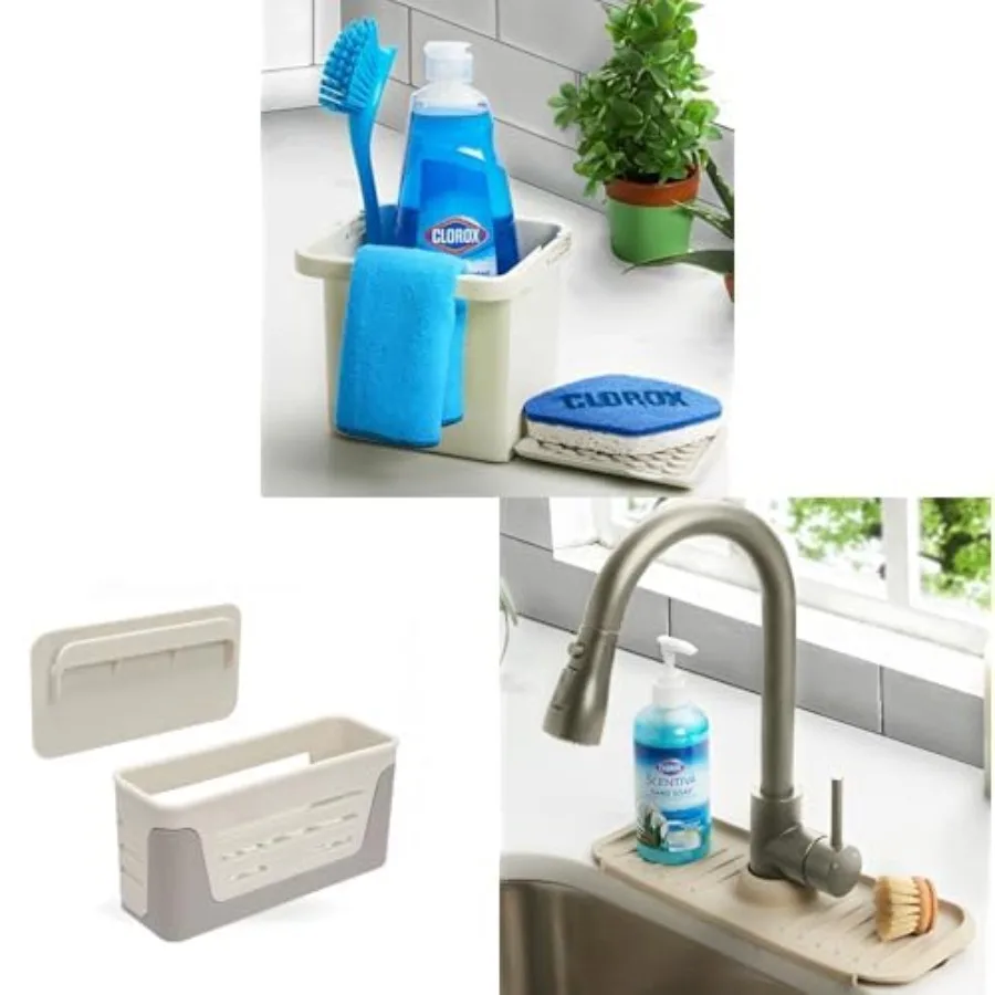 

KeptClean Bundle Includes Sink Organizer Sink Caddy with Sponge Holder and Kitchen Faucet Splash Guard Almond Cream