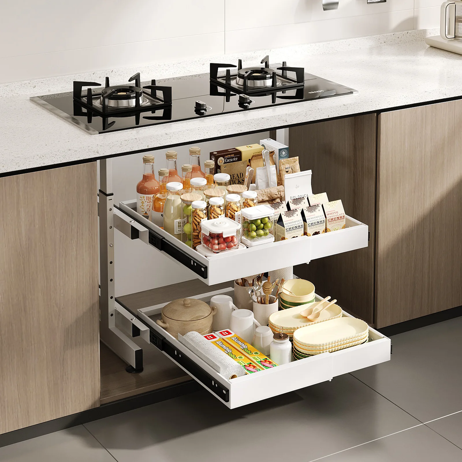 No-drill cabinet under-storage rack, drawer-style bowl and dish spice rack, multifunctional layered pull-out retractable basket
