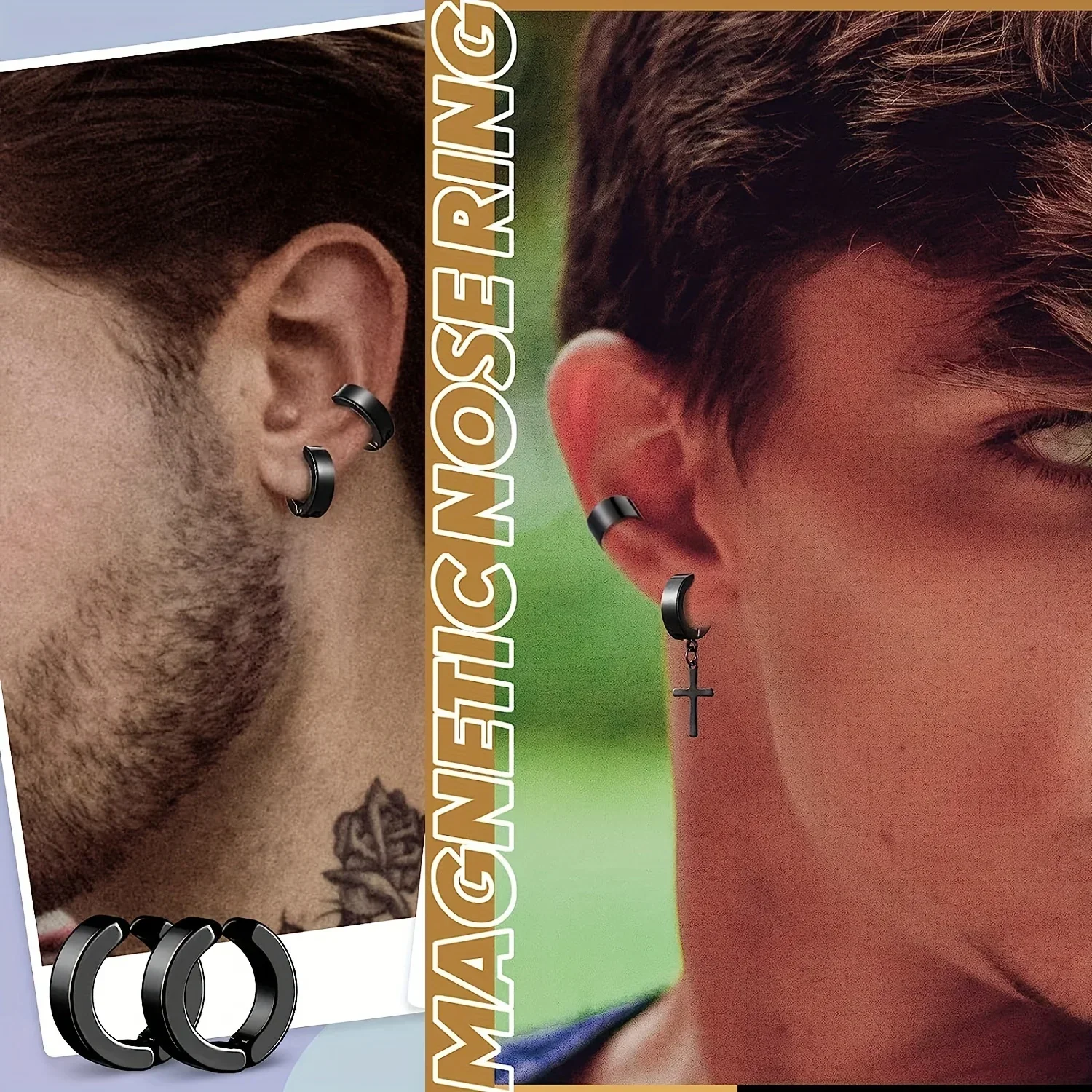 2pcs Punk Mens Strong Magnet Magnetic Ear Stud Set Non Piercing Earrings Fake Cross Earrings Gift for Boyfriend Lover Jewelry