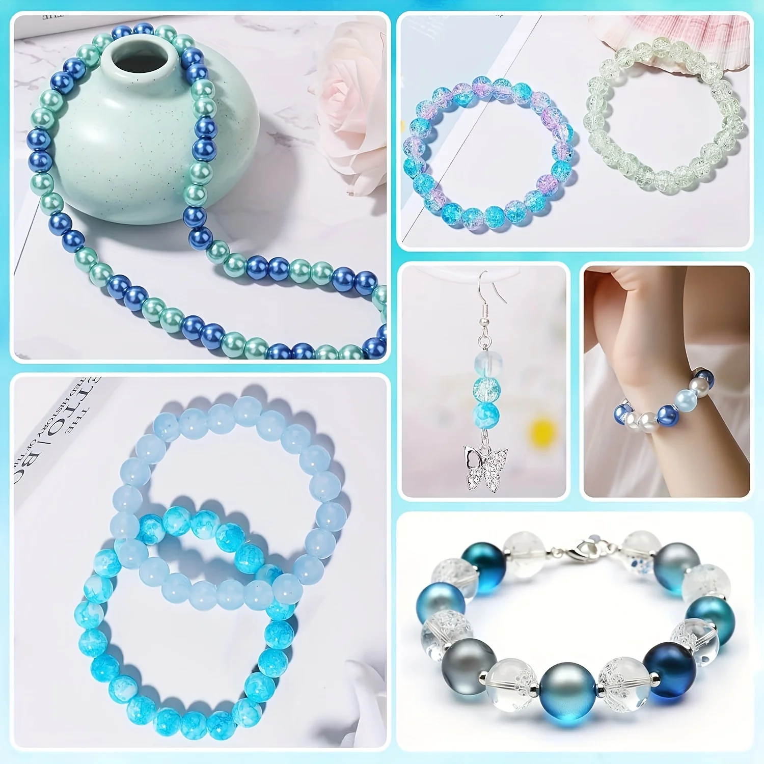 750pcs, 8mm eight different styles of cute blue round bead set box, can be used as a gift, DIY bracelet making