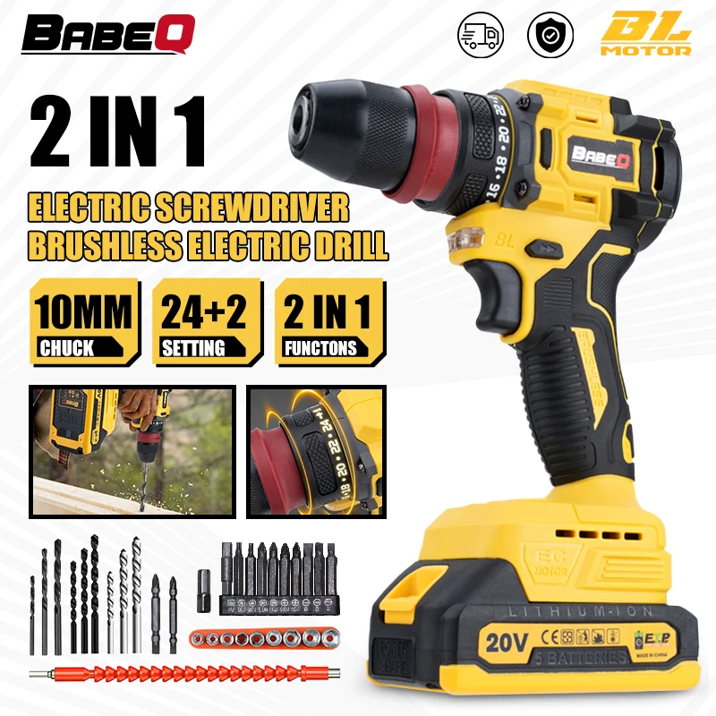 

BABEQ 10MM Cordless Electric Screwdriver 2-IN-1 Electric Drill Set 24+2 Torque Rechargeable 20V Lithium-Ion Battery Power Tools