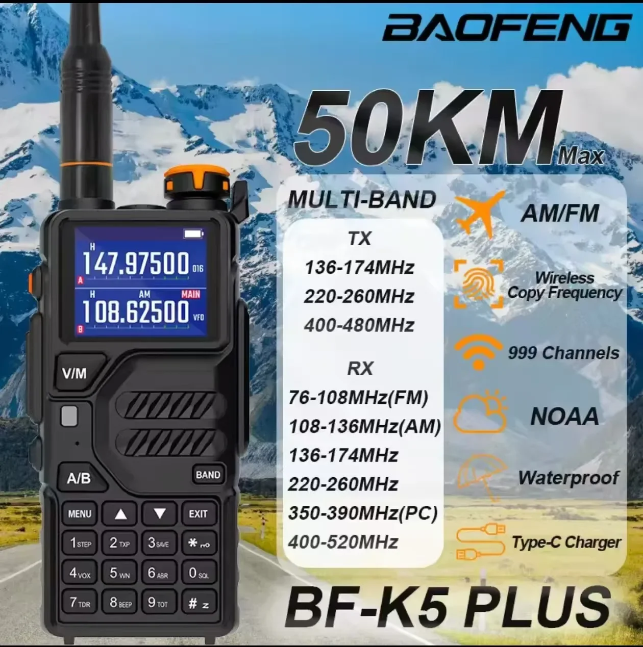 Baofeng walkie-talkie de alta qualidade, frequência de um clique, à prova d'água, à prova de queda, carregamento typpc-c, intercomunicador sem fio externo original