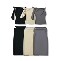 UNIZERA 2024 Summer New Product Women's Asymmetric Shoulder Strap Slimming T-shirt Tank Top High Waist Slimming Skirt Set