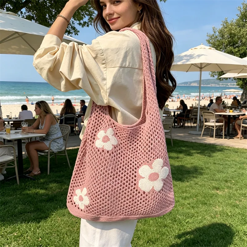 

Chic Crochet Flower Mesh Totes Bags Summer Hollow Out Knitted Handbags Shoulder Bag for Women Daily Casual Beach Shopper Handbag