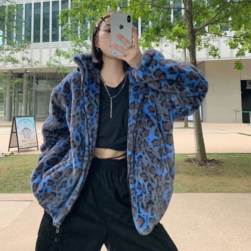 Lautaro Winter Oversized Colorful Leopard Print Faux Fur Coat Women Long Sleeve Zip Up Warm Soft Fluffy Jacket Korean Fashion