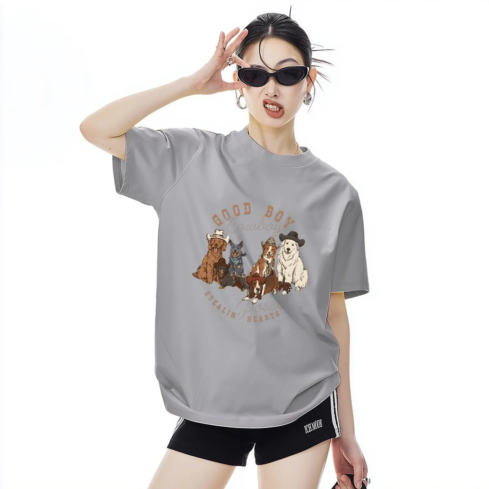 تي شيرت نسائي كاجوال مريح برقبة دائرية وأكمام قصيرة مع طباعة عائلة الحيوانات ماص للرطوبة والعرق تي شيرت