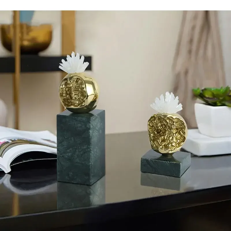 

#For Golden Pomegranate Sculpture Marble Base Crystal Flower Ornaments Desk Decoration Brass Fruit Statue*