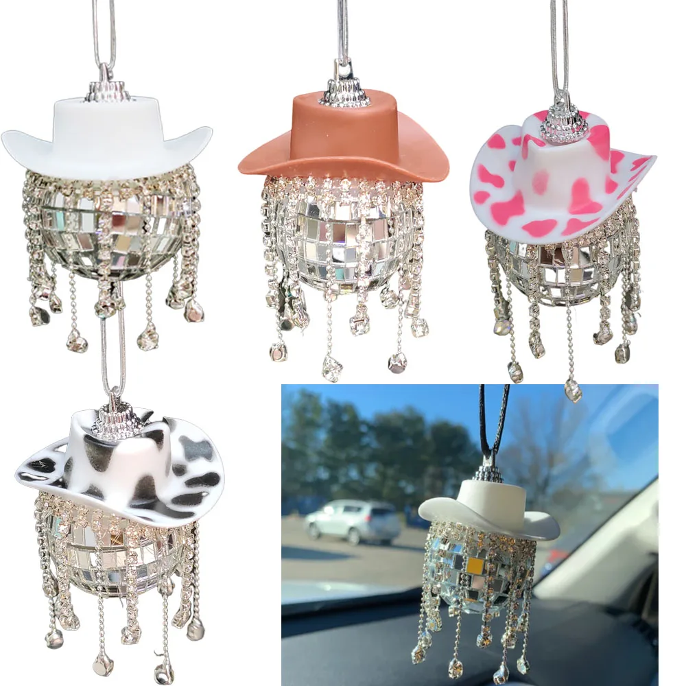 Rhinestone Pink Cowgirl Disco Ball Party Hanging Car Rear View Mirror Accessory Cowboy Disco Ball Bachelorette Retro Party Decor