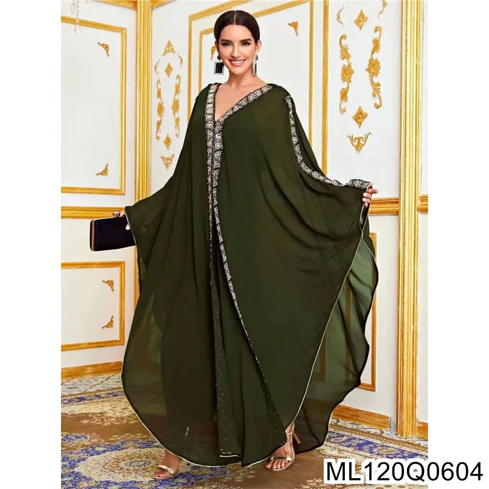 Robes brodées en mousseline de soie du moyen-orient et de l'afrique, châles musulmans, cape à capuche, Robes et smocks à manches chauve-souris ML120Q06
