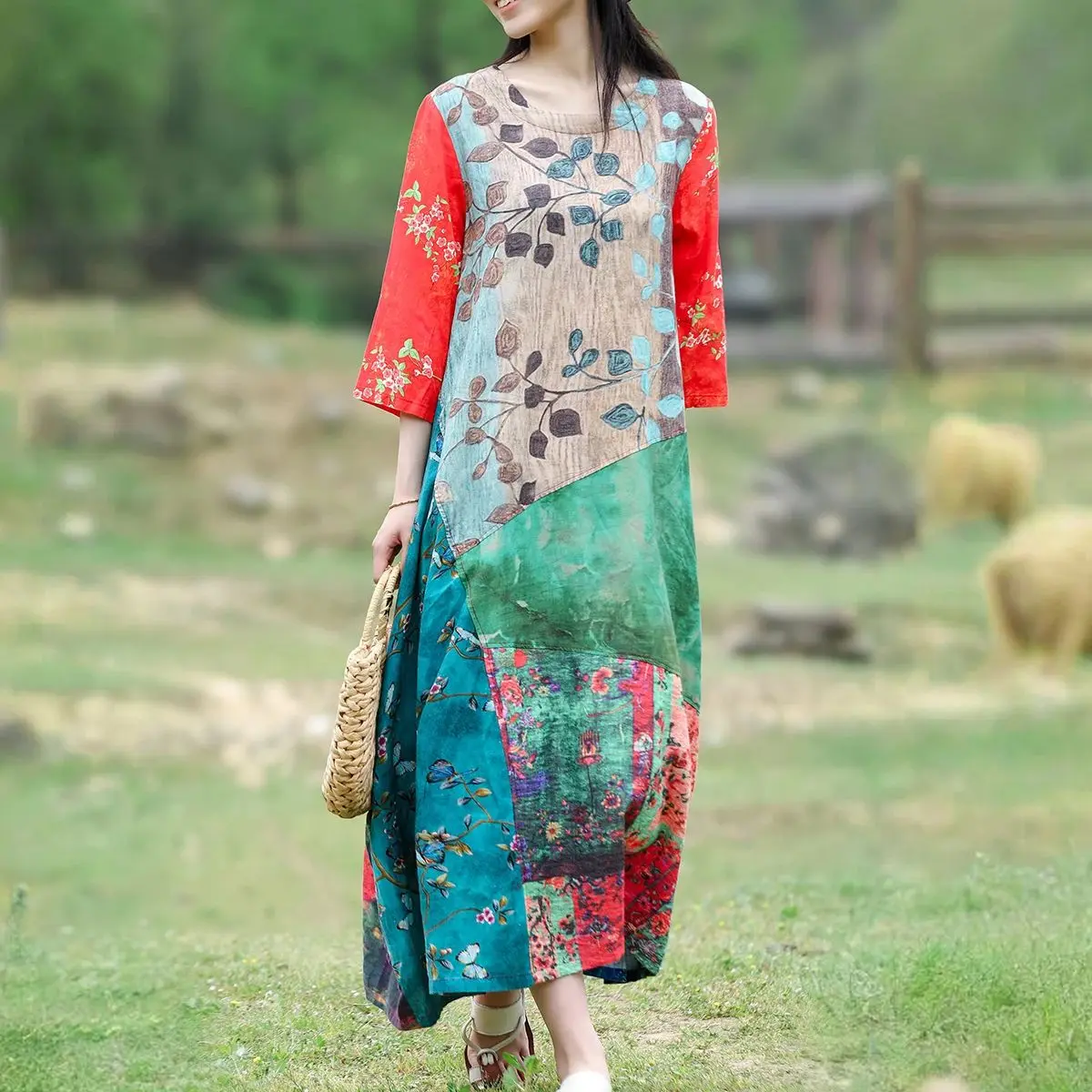 

LZJN 2025 Spring/Summer Rhombus Pattern Patchwork Cotton Linen Oversized Hoodie with Seven-Eighths Sleeves Fashion Long Dress