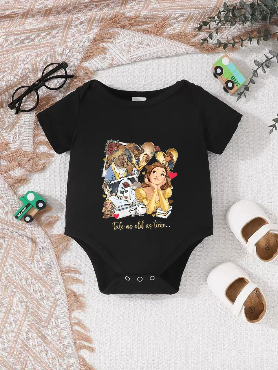 

【Officially Authorized】 Disney "Beauty and the Beast" Baby triangle onesie: "Tale as Old as Time" Collage Print