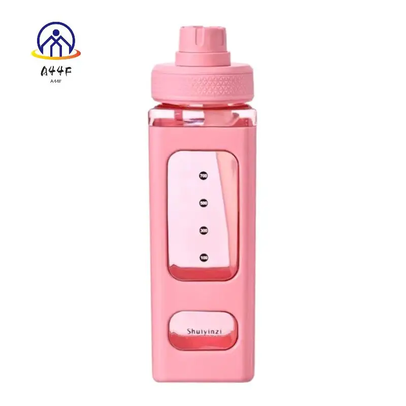 A44F-Kawaii botella de agua con pajita 3D lindo oso pegatina libre plástico cuadrado Sippy taza portátil Drinkware 700Ml