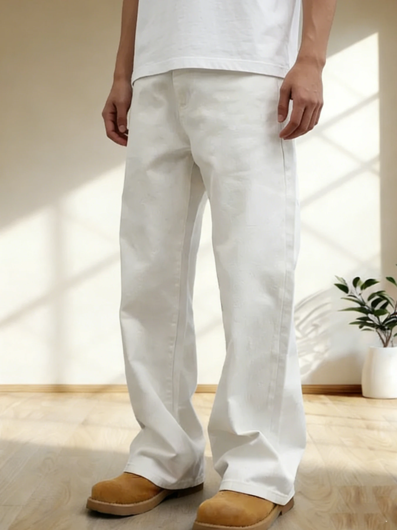 High-End Feeling Pure White Men's Jeans, Loose Wide-Leg Style That Flatters the Legs