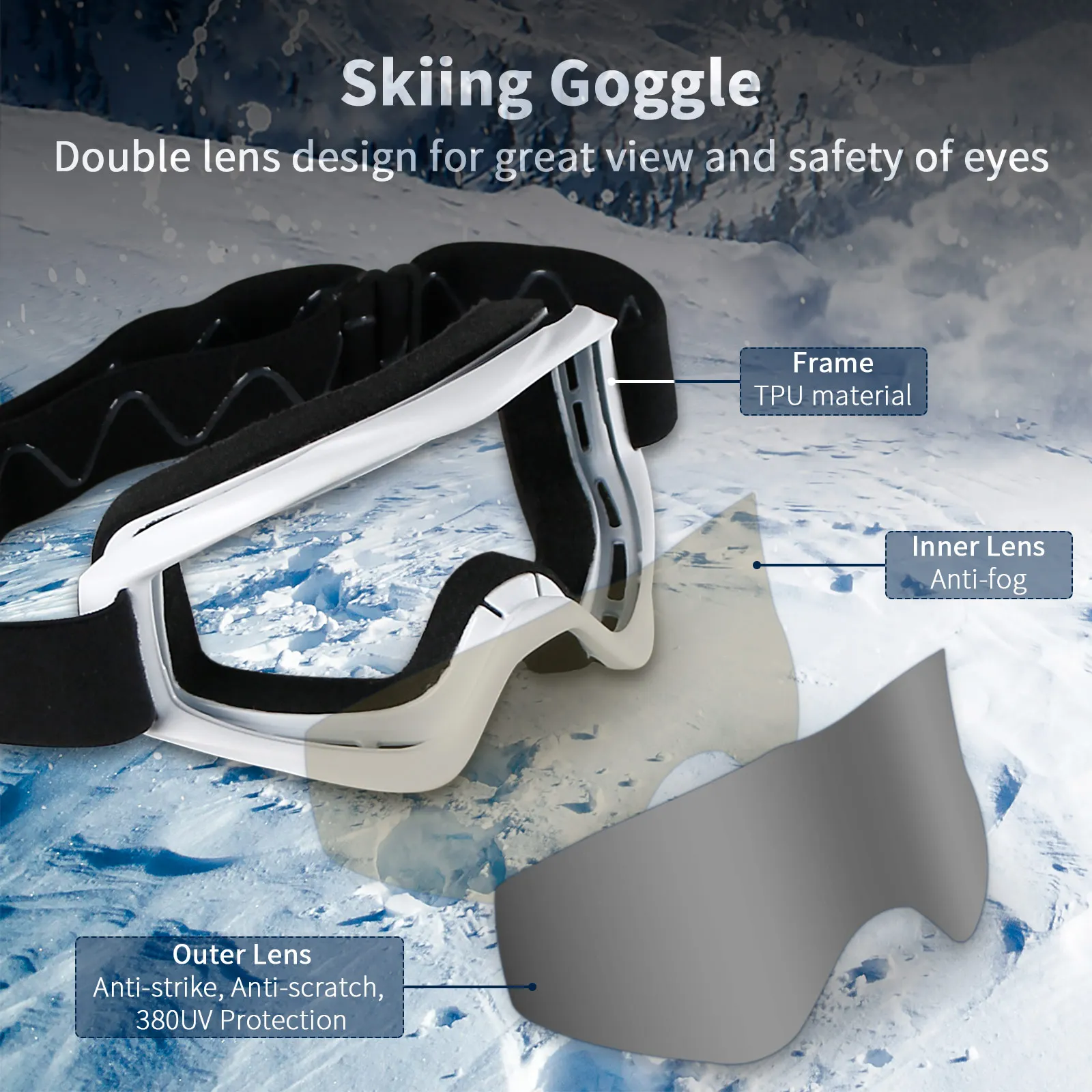 Custom Logo Strong Eyes Protection Ski Goggle Tpu Frame Skiing Glasses