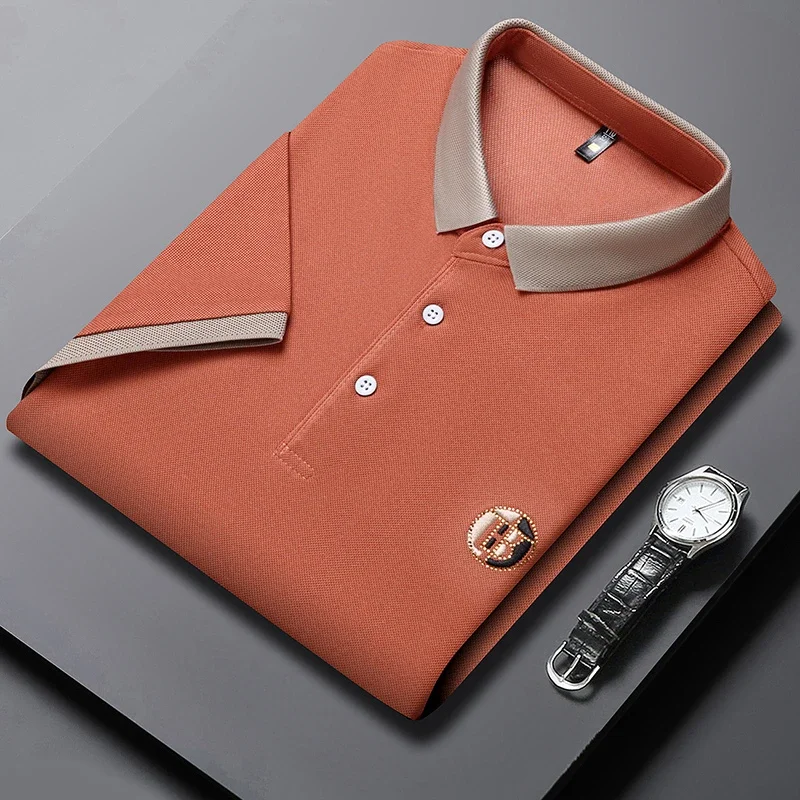 قميص بولو رجالي جديد مطرز من القطن للأعمال والترفيه بأكمام قصيرة، قميص مريح وقابل للتنفس