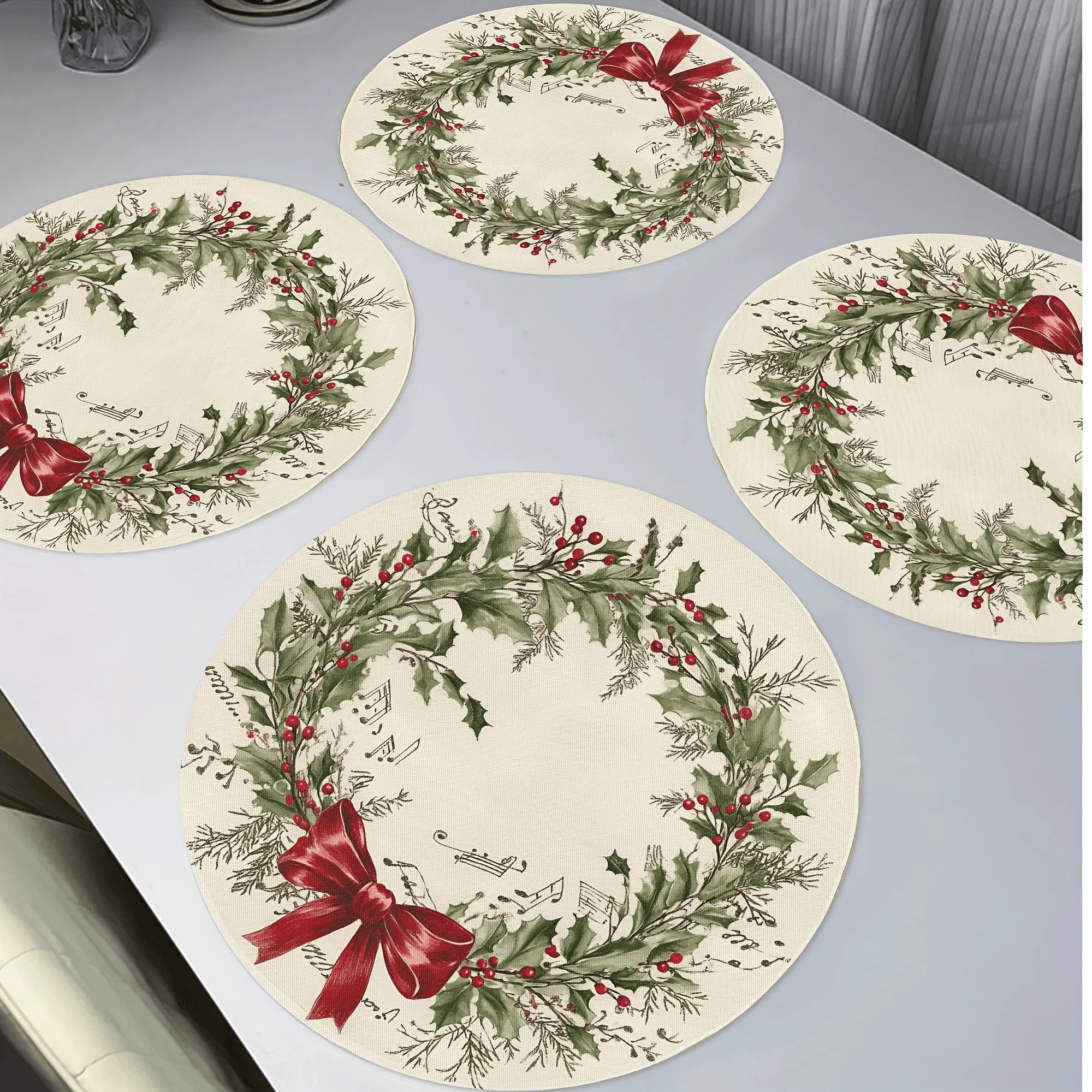 

4/6pcs,15 Inch Linen Round Placemats, Christmas Greenery, Easy to Clean, Thick and Durable, Wedding Restaurant Table Decoration