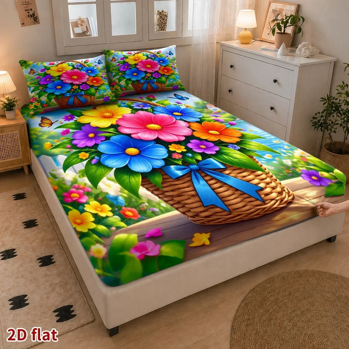 Colorful Flower Basket Theme, Ultra-Realistic Illustration Style, 3-Piece Mattress Protector Set, 2D Flat Print Fitted Sheet, Four-Season Fitted Sheet Set, Home Bedroom Decoration, Holiday-Themed Fitted Sheet and Pillowcase, Mattress Protector, Stain-Resistant, Mattress Cover Suitable for All Seasons, Machine Washable, Easy to Care For, Dust-Proof and Dirt-Resistant, High Elasticity, Fits Various Sizes