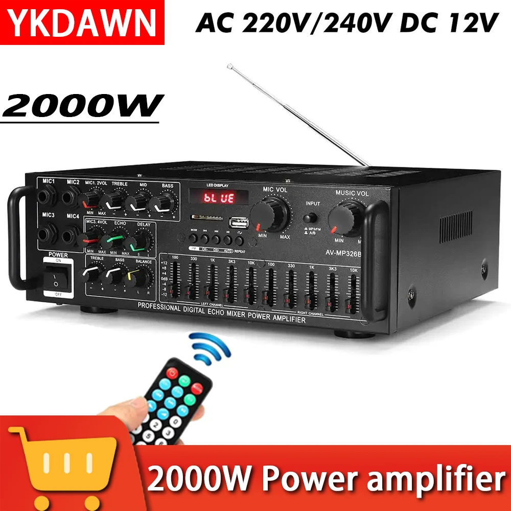 2000W 5.0 bluetooth 2 kanałowy moc dźwięku wzmacniacza HiFi 326BT 12V/220V AV Amp głośnik z pilotem 4 Micro dla samochodu domu