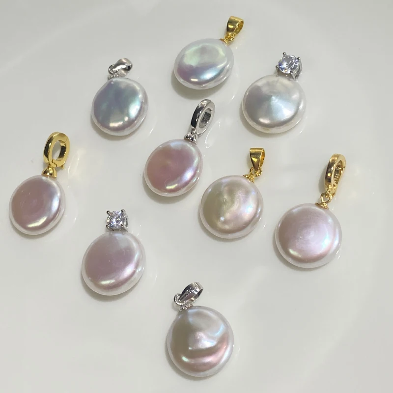 5A Superbright light Natural Freshwater Baroque button Pearl Pendant S925 sterling silver buckle necklace Pendant 13-14MM PBC