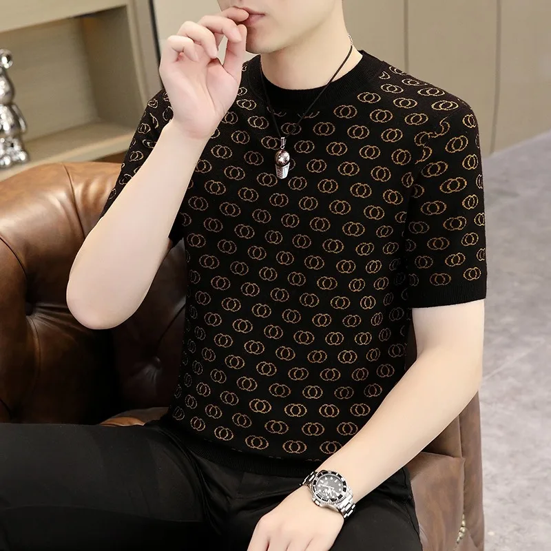2024 Spring Autumn Jacquard Knitted Short Sleeve T-Shirts High Quality Round Neck Social Knit Pullover Versatile Casual Tee Tops