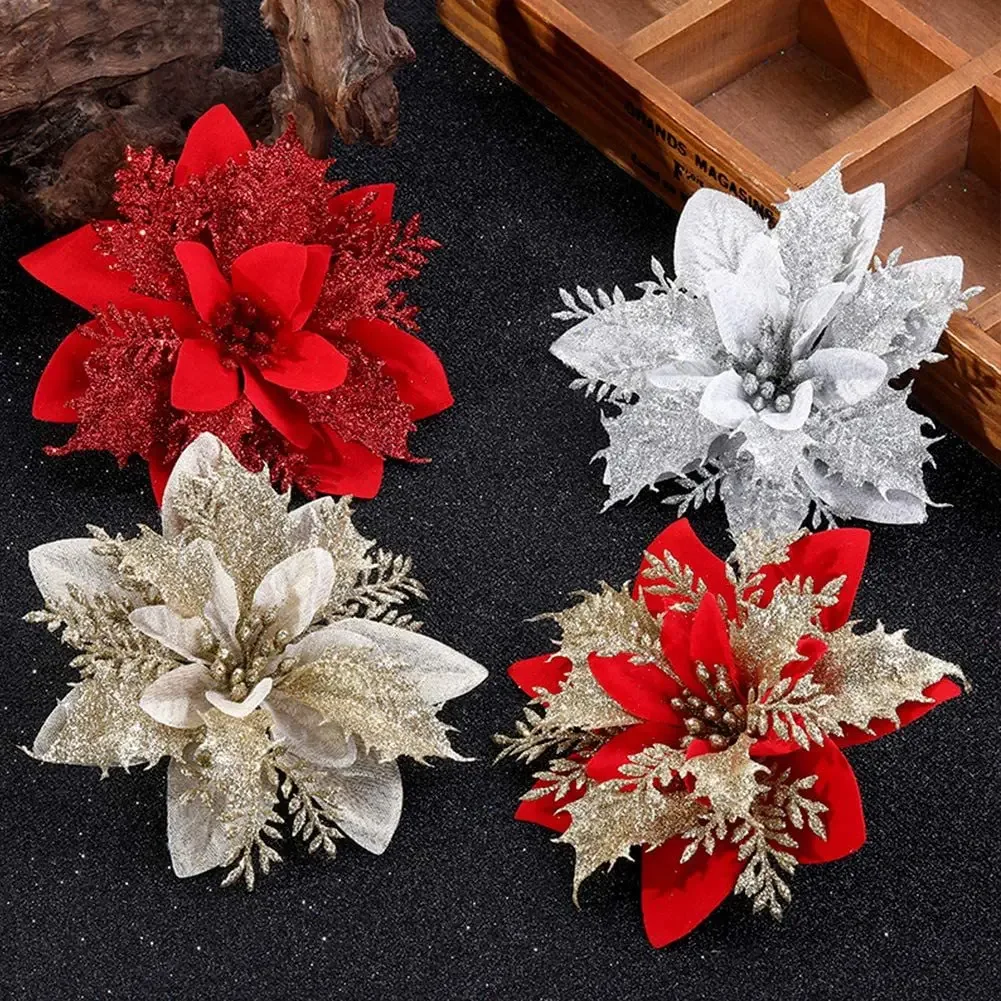 Glitter Christmas Decoration Flowers Artificial Poinsettia 3PC Flower Fake for Wreath DIY Xmas Tree Ornaments Home Navidad Decor