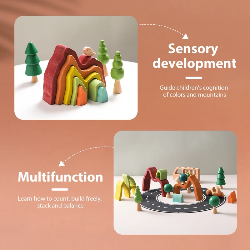 Houten Yamagata Bouwstenen Speelgoed Voor Kinderen Montessori Mountain Omgeving Simulatie Speelgoed Regenboog Blok Stapelen Spel