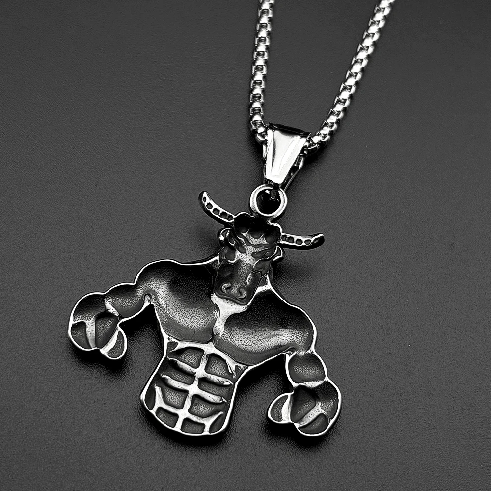 Hip Hop Bull Head Muscle Pendant Necklace for Men Stainless Steel Gold Color Fitness Power Neck Chain Punk Party Jewelry Gift