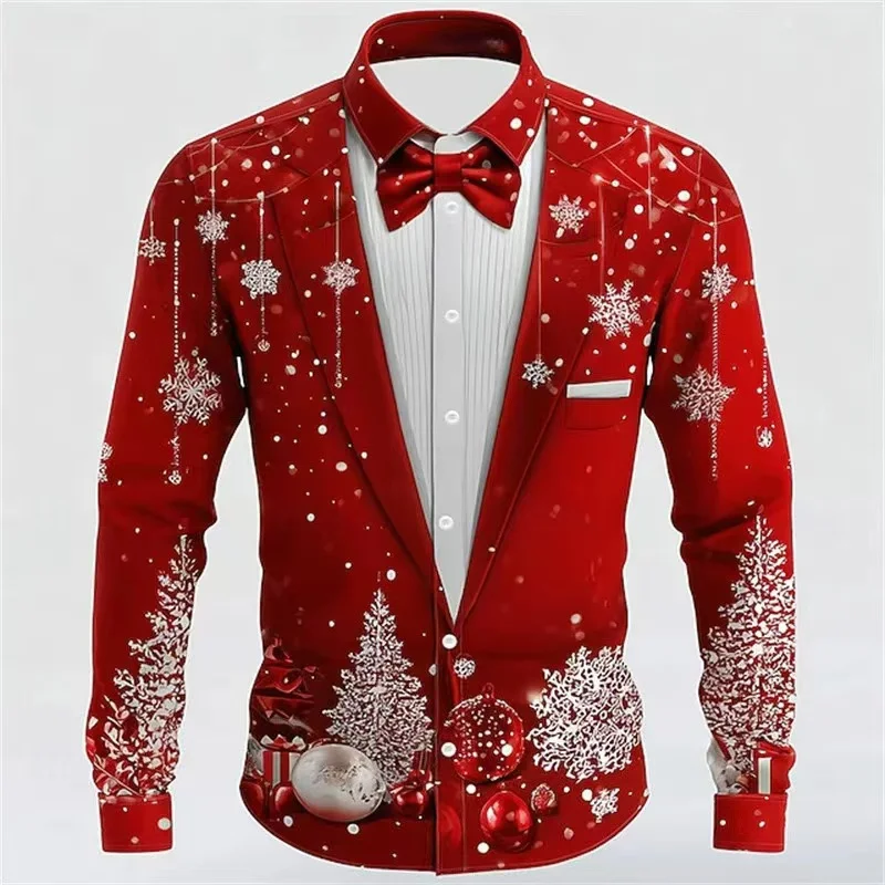 2025 Heren Kerst Sneeuwvlok Formeel Overhemd, 3D Gedrukt Stropdas Ontwerp, Elegante Smoking Stijl, Vakantie Feest Bruiloft Kledij, Lentekleding